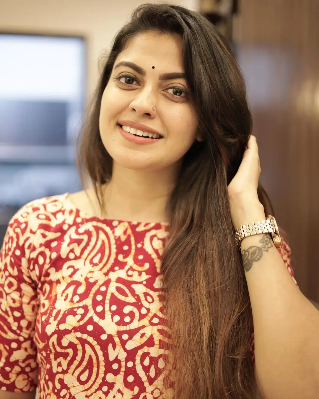 Anusree Nair In South Indian Traditional Maroon Gown